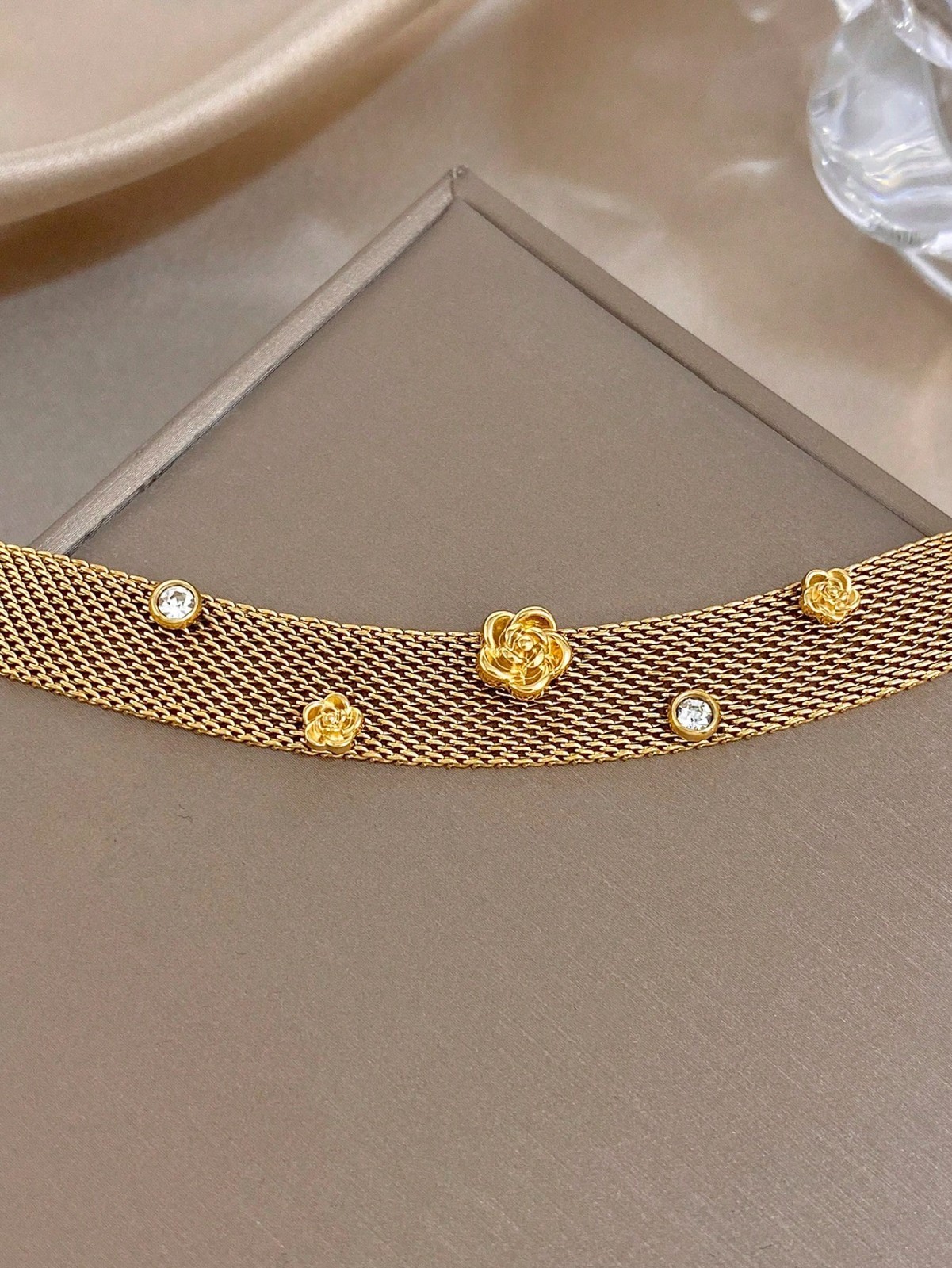 Gold Mesh Bracelet Rose Charm Crystal Accent Vintage Style Jewelry