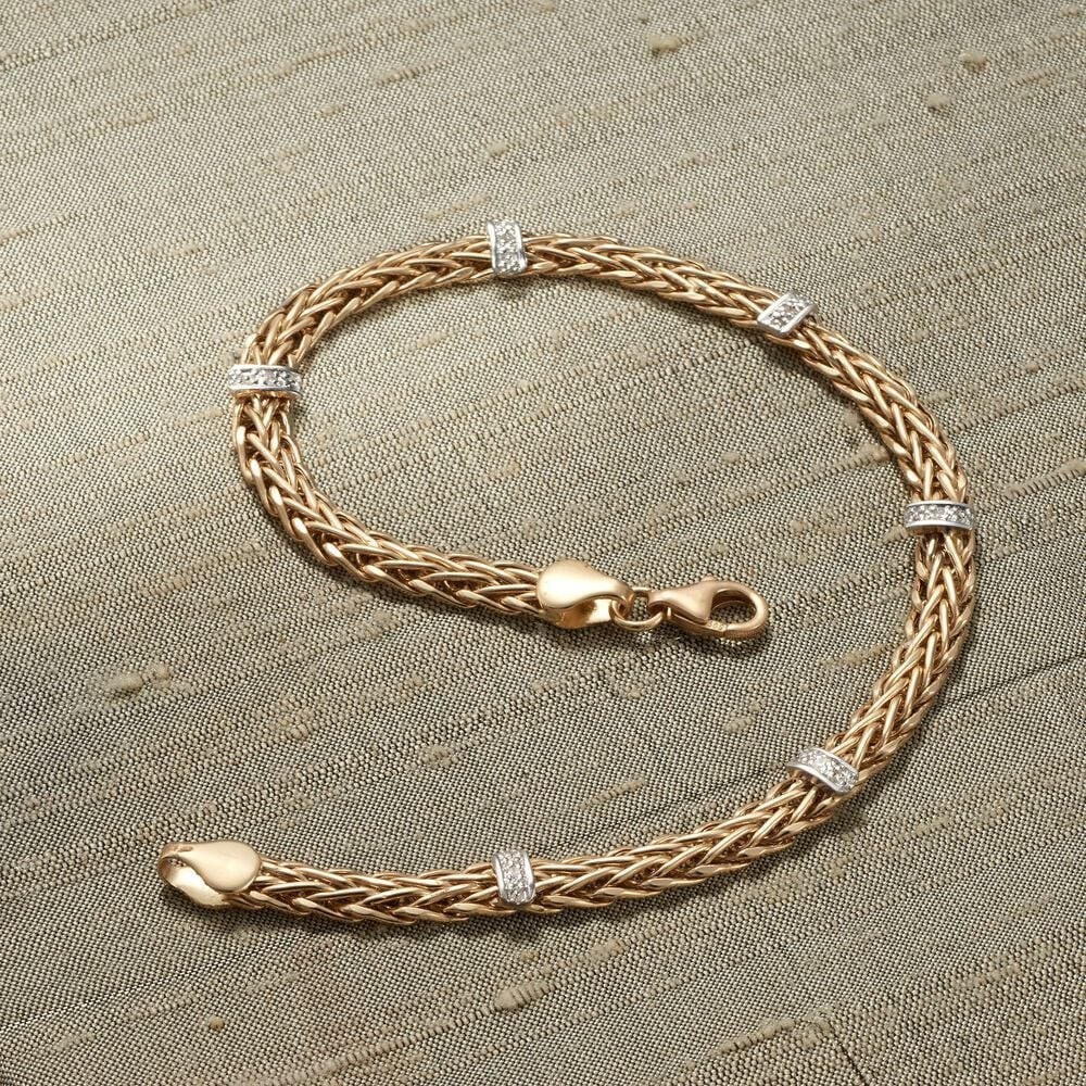 7″ Diamond Accent Spiga Wheat Chain Bracelet Real 14K Yellow Gold