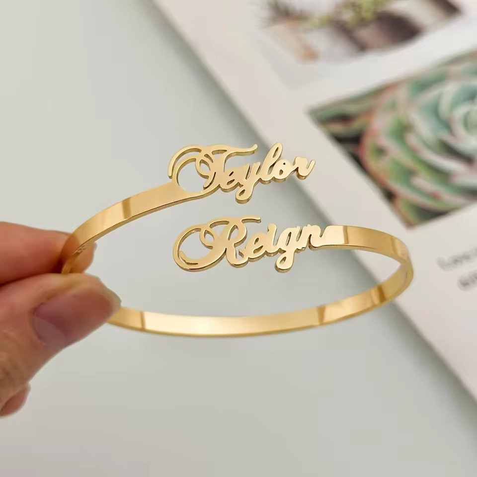 Customized Double Name Engraved Stainless Steel Bracelet Cuff Anniversary Gift