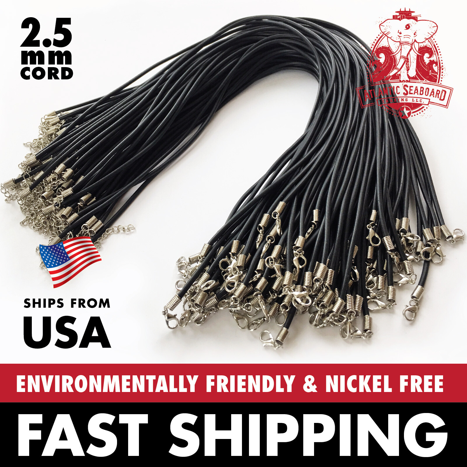2.5mm Rubber cord 18″ Environmentally Safe–NICKEL FREE 1, 5, 10, 25 Pcs.
