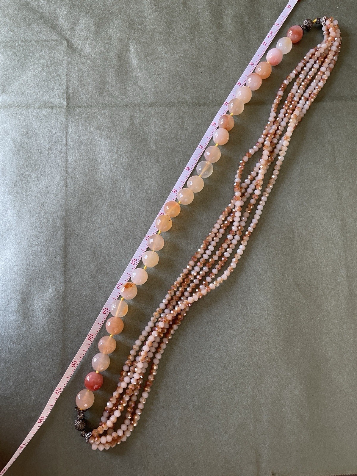 Pink Multi-Strand Agate Statement Necklace, Glass & Stone Round Beads 18 in