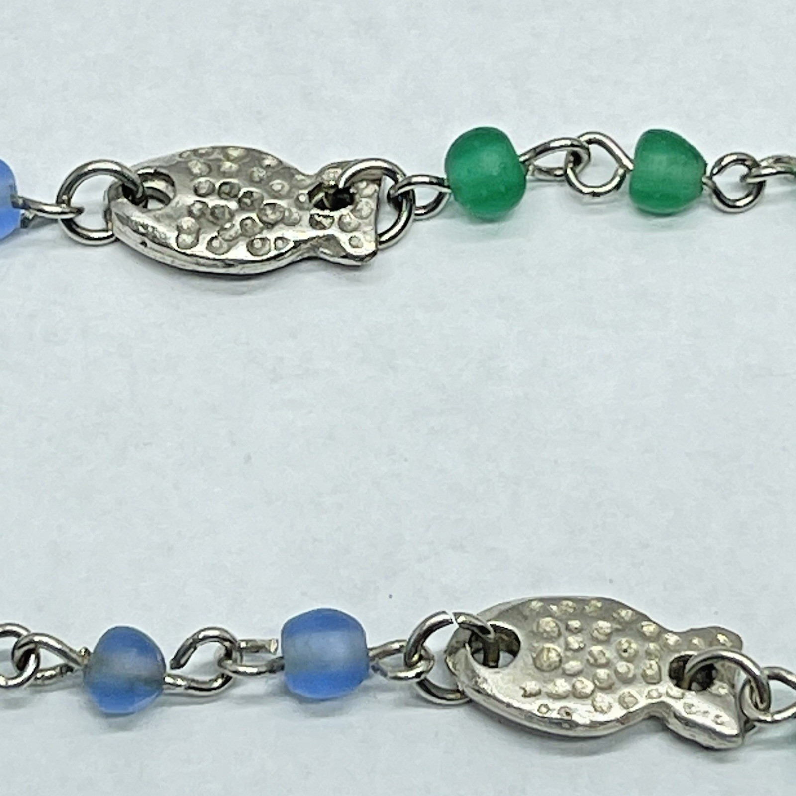 Necklace Silver Tone Glass Beaded Blue & Green Featuring Fish Charms 15″ no Mark