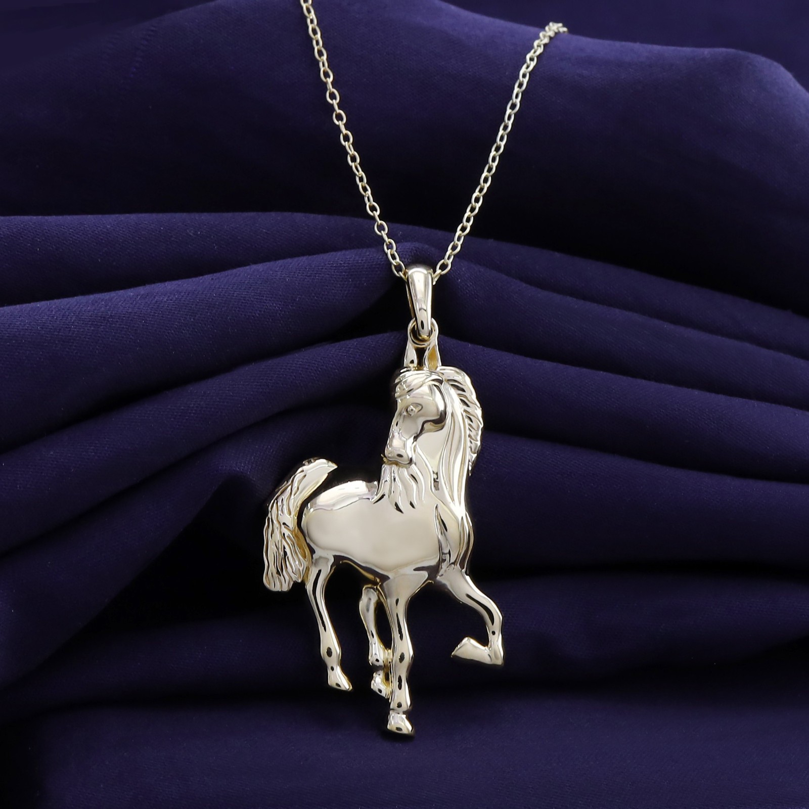 Wild Equine Horse Pendant Necklace In 14K Yellow Gold Plated Sterling 18″ Chain