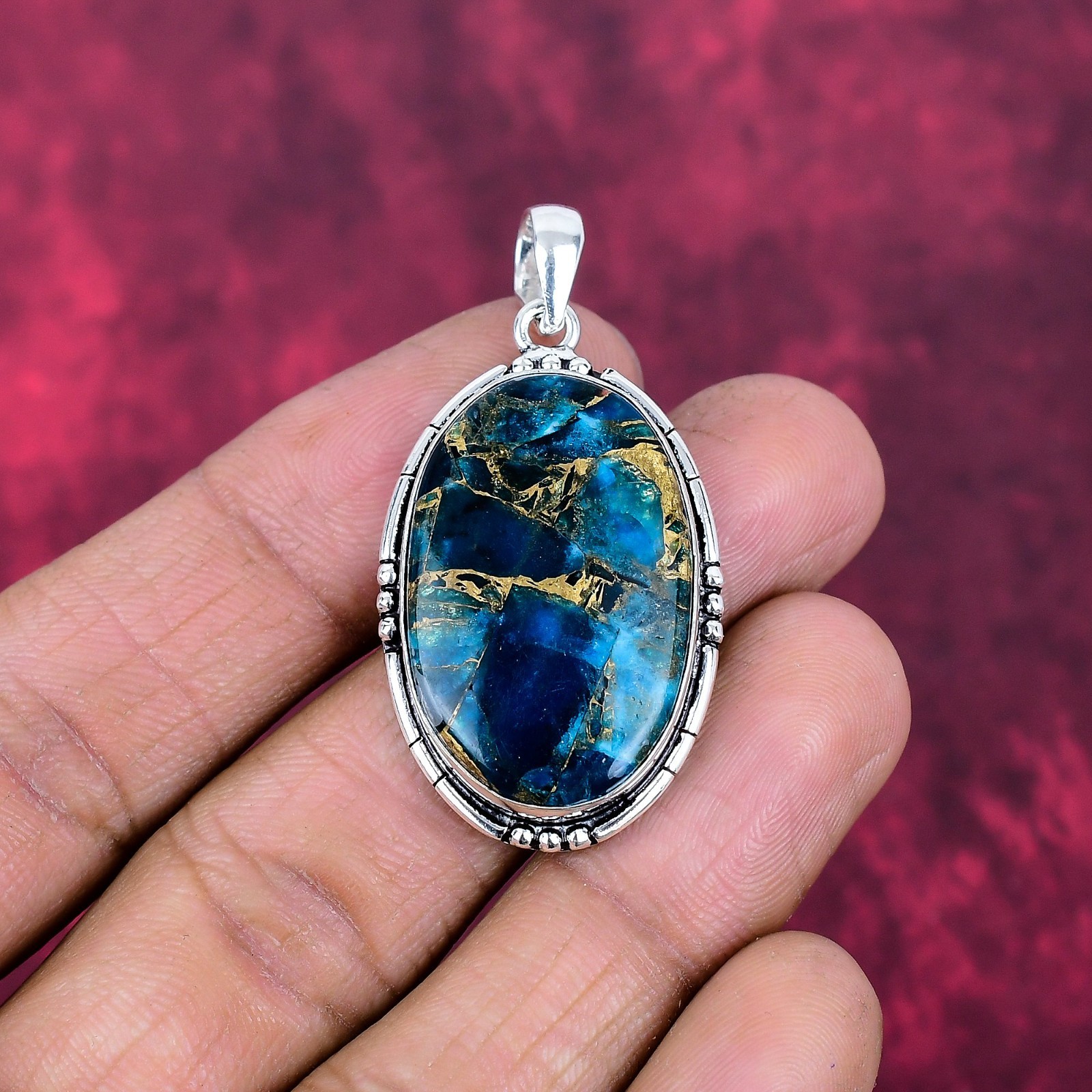Irani Copper Turquoise Gemstone Handmade 925 Sterling Silver Pendant Jewelry