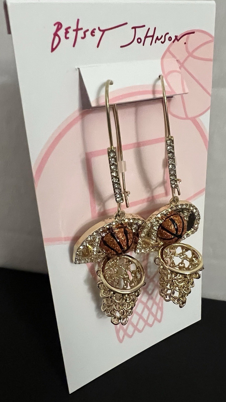 Betsey Johnson Earrings Nothing But Net Basketballs Gold Tone Chains Hooks NWT