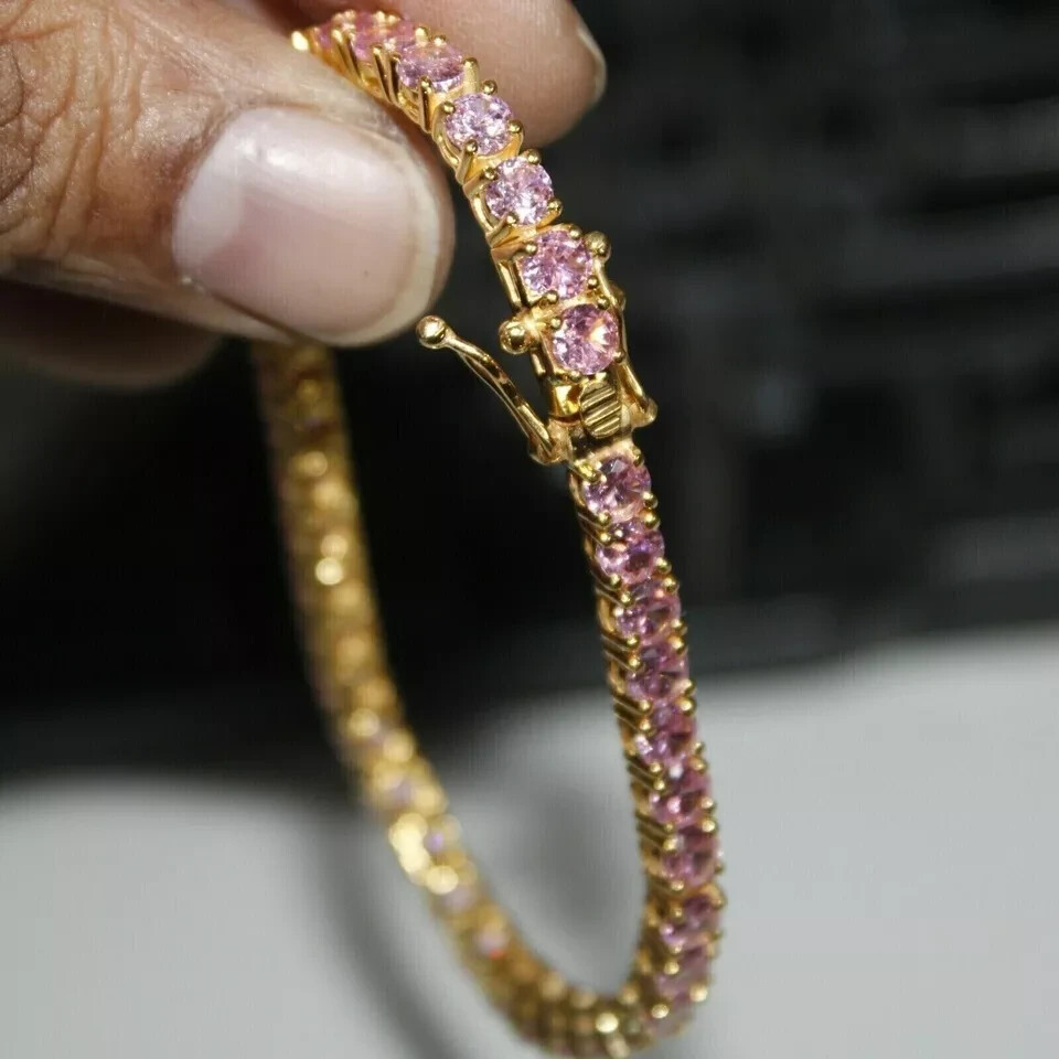 5Ct Round Lab Created Pink Sapphire Women’s Tennis Bracelet 14K Yellow Gold Over