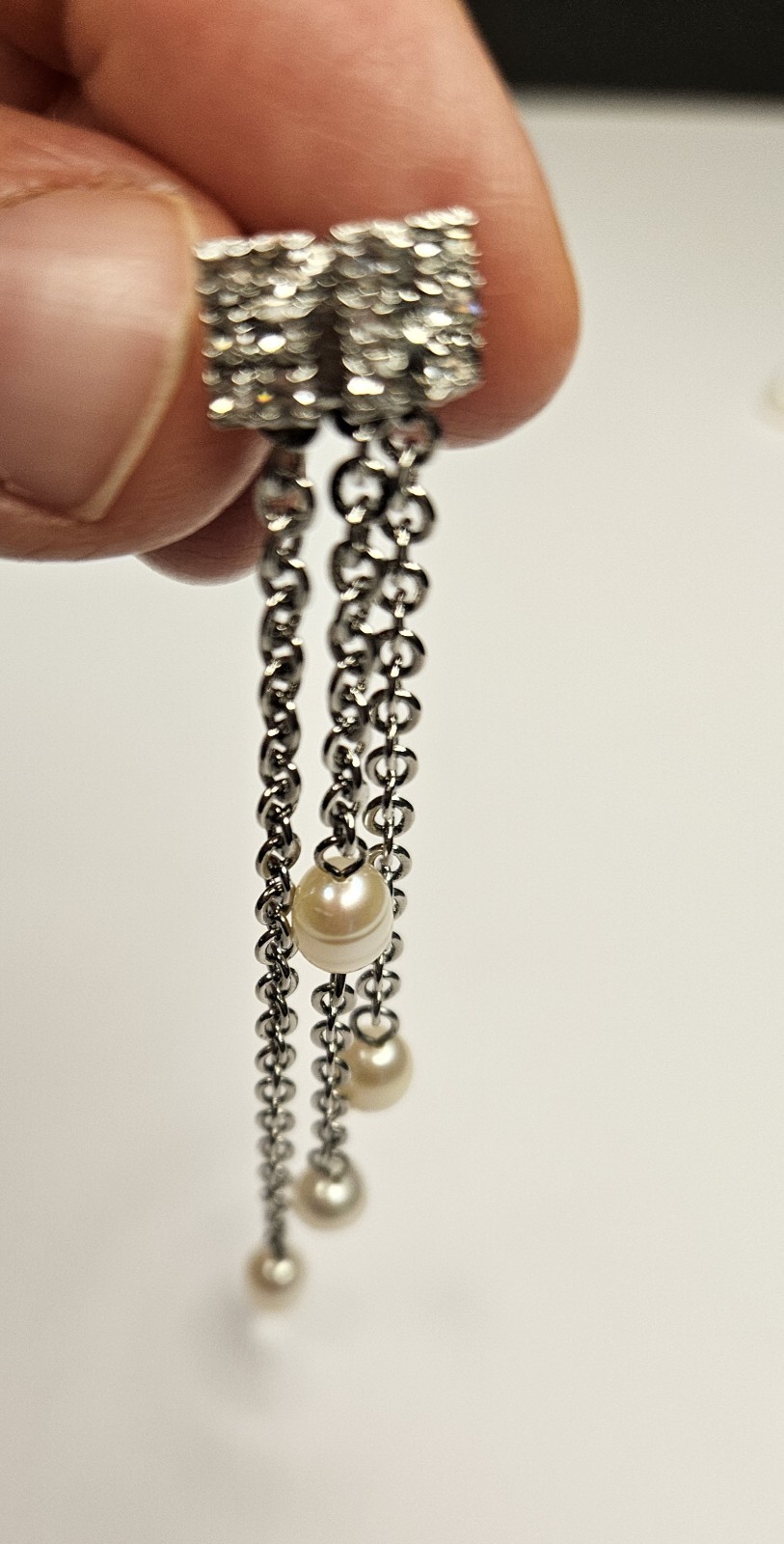 Silver Tone White Round Pearl Dangle/Drop Earrings.