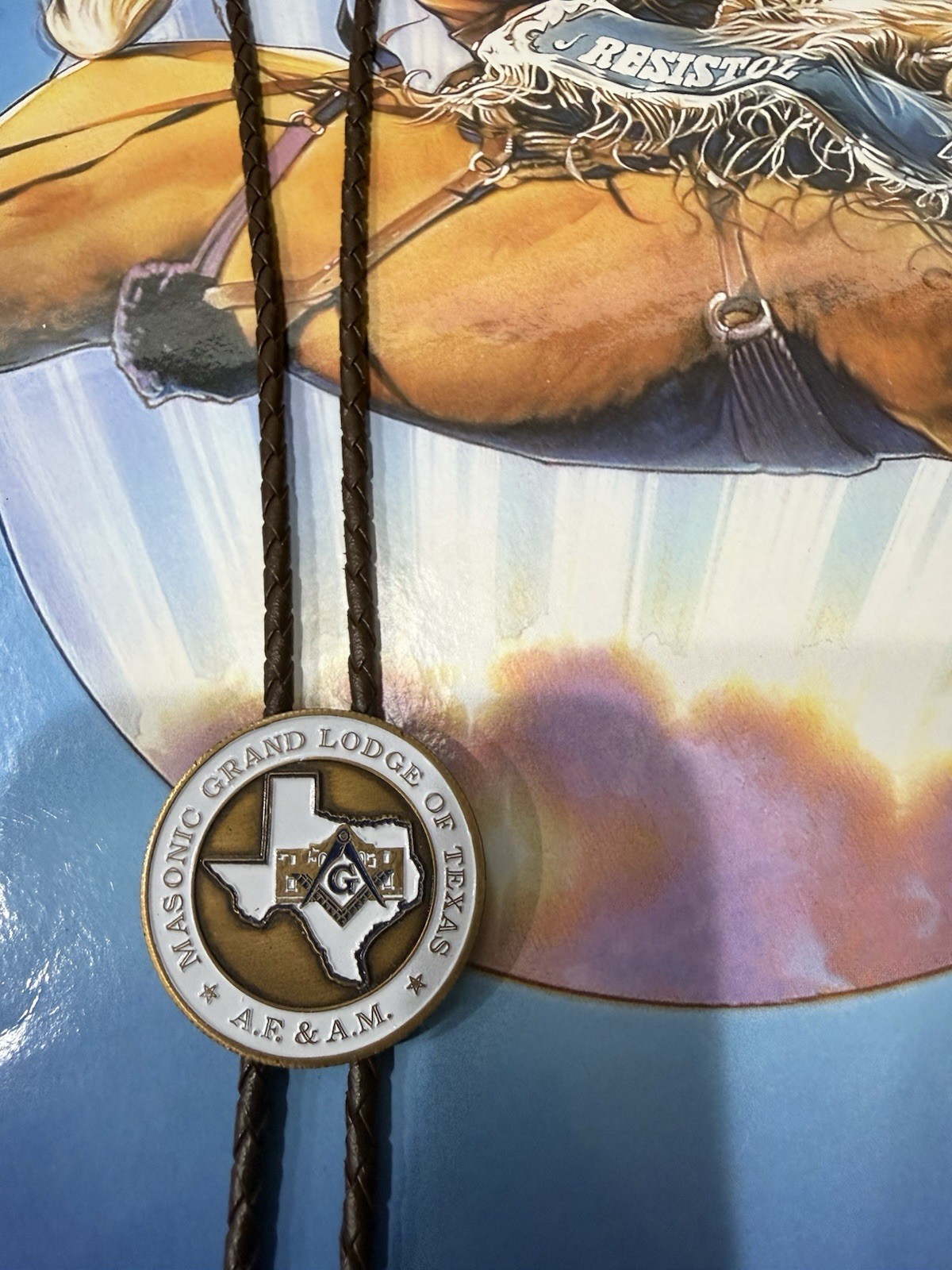 Men’s Masonic Adjustable Leather & Metal Round Bolo Tie Brown Silver