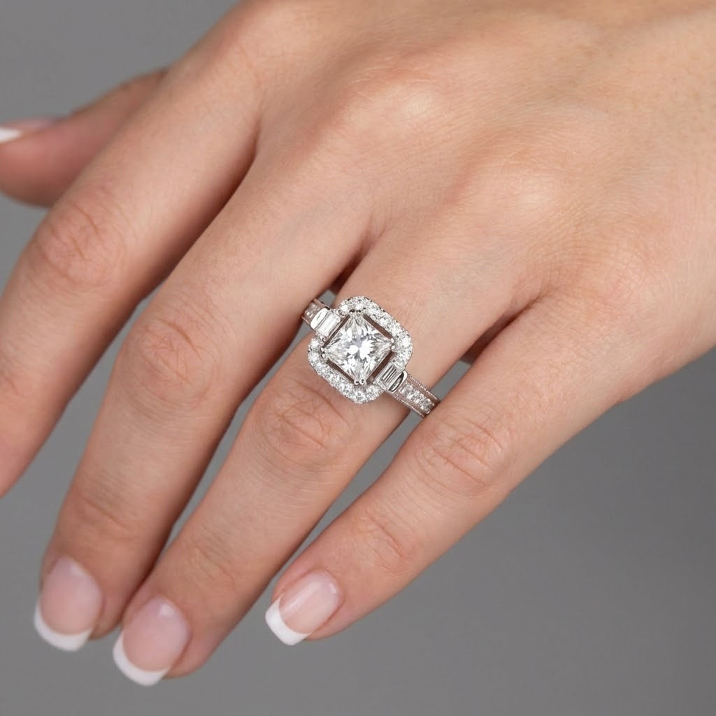 Engagement Ring 18K Gold Under Halo Princess 2.37 Carat Lab-Grown Diamond G VS1
