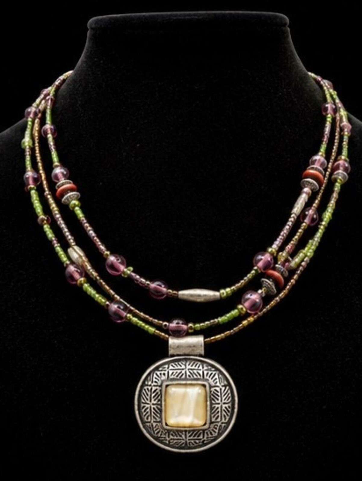 Chico’s Layered Beaded Necklace Mixed Metals Purple Green Artisan Pendant Boho