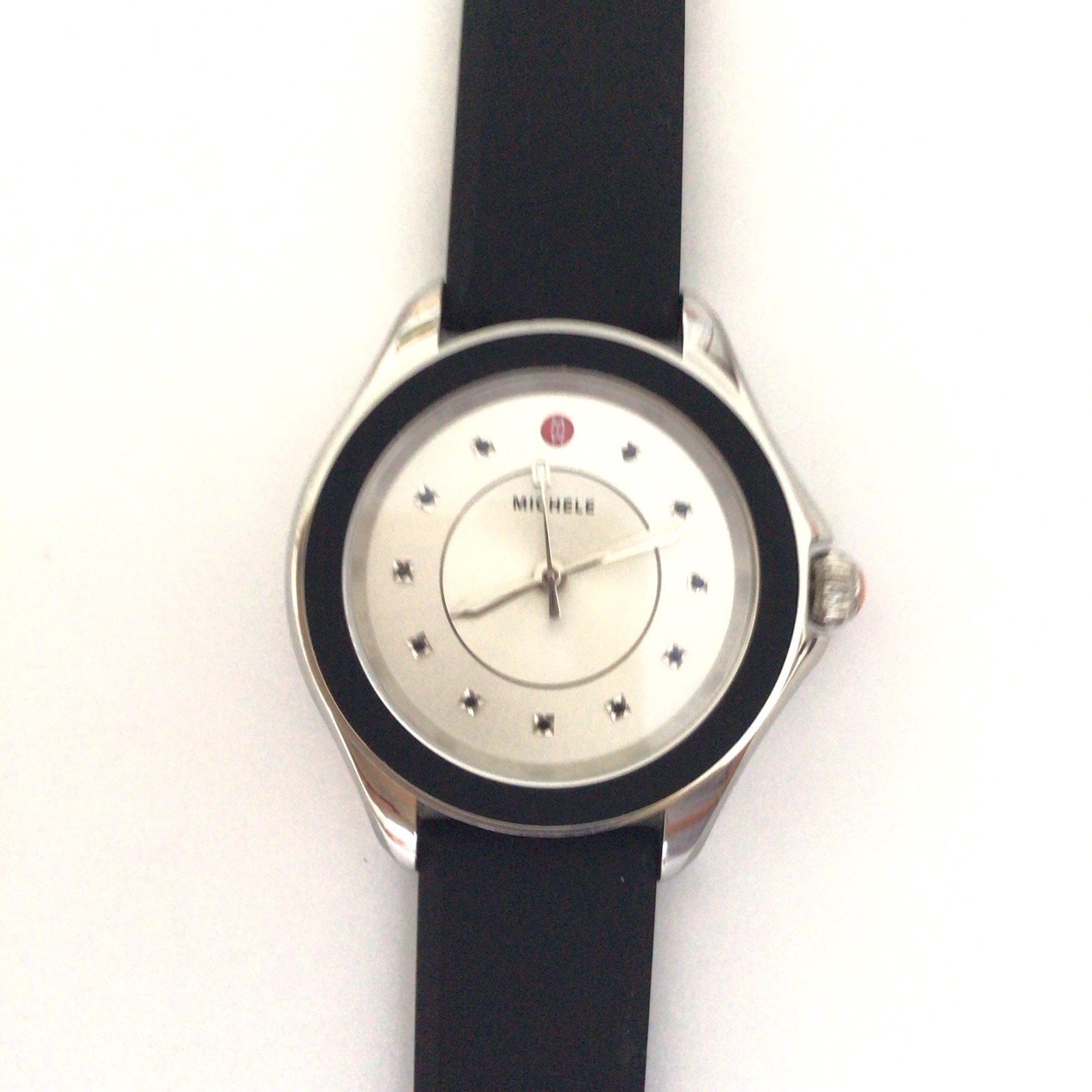 Michele Cape Diamond White Face Black Bezel Silicone Band Watch MWW27A000012