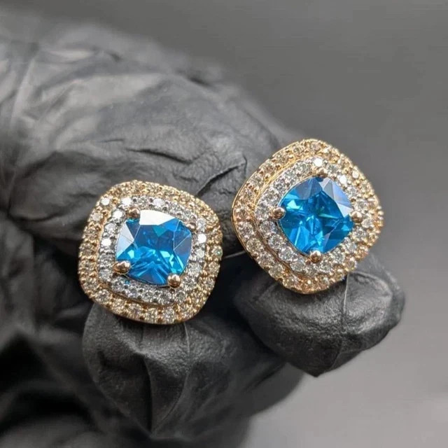 Blue Topaz 2Ct Cushion Cut Lab-Created Women Stud Earring 14K Yellow Gold Plated