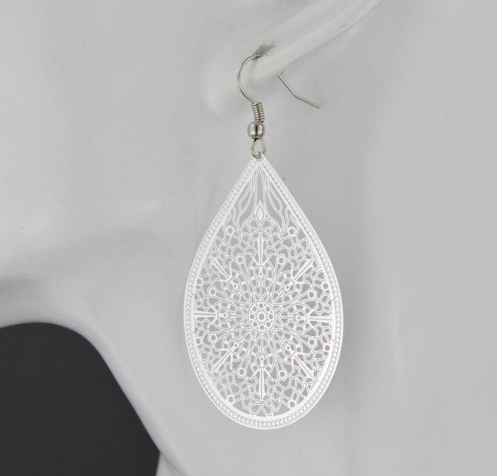 Silver earrings teardrop dangle shiny VERY lightweight filigree 2.5″ long