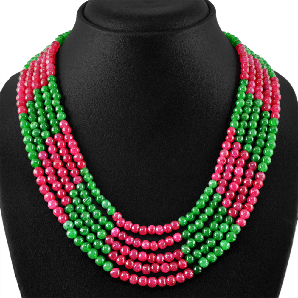 514.00 CTS EARTH MINED RED RUBY & GREEN EMERALD 5 LINE ROUND BEADS NECKLACE