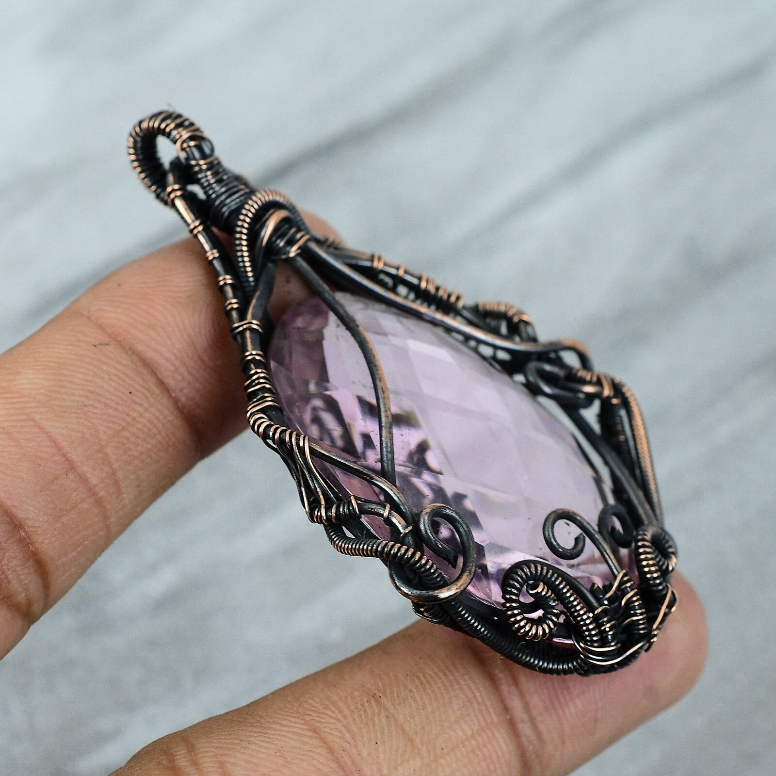 Pink Kunzite Wire Wrapped Pendant Handcrafted Copper Unique Jewelry 2.76″