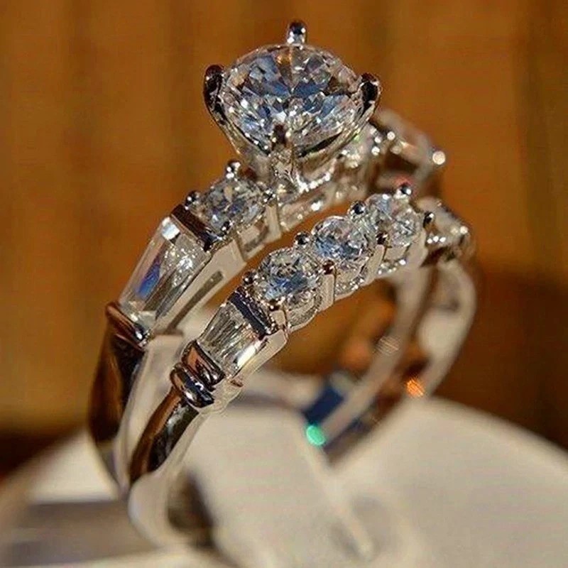 14K White Gold Finish 3Ctw Round Cut Created Diamond Wedding Engagement Ring Set