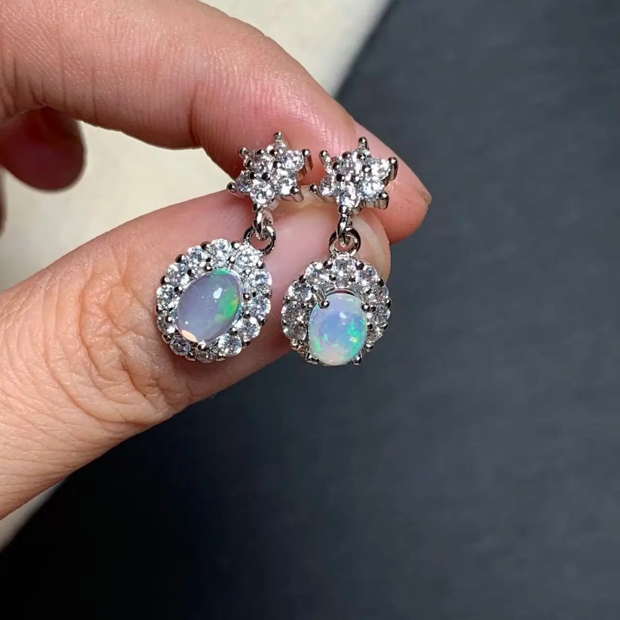 Natural Oval Opal Stud Drop Earrings Women Vintage Halo Copper Jewelry Gifts