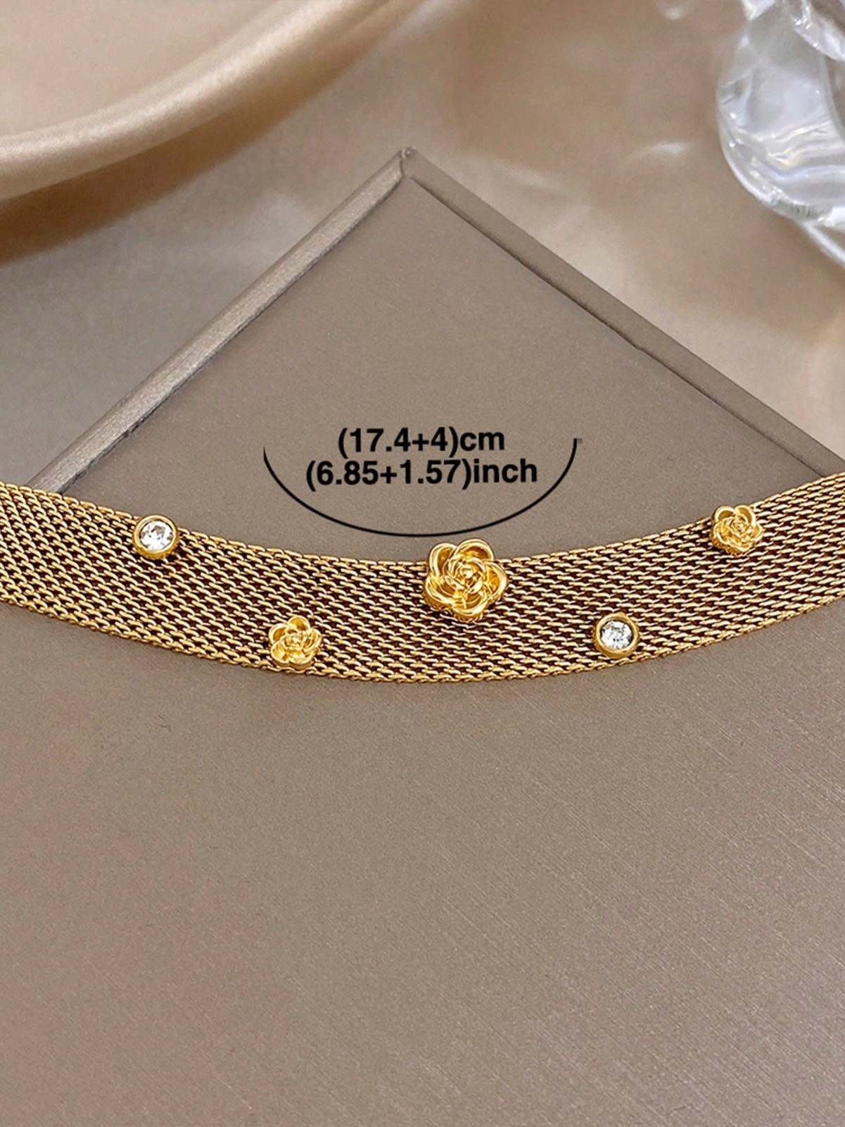 Gold Mesh Bracelet Rose Charm Crystal Accent Vintage Style Jewelry