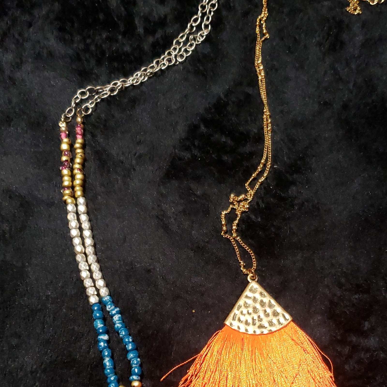 Lot of 2 Beaded Tassel Pendant Necklaces Adjustable Cable Chain Lobster