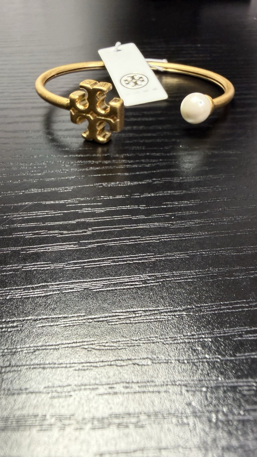 Tory Burch Gold Tone Stackable Cuff Bracelet w/ Round White Pearl Signed