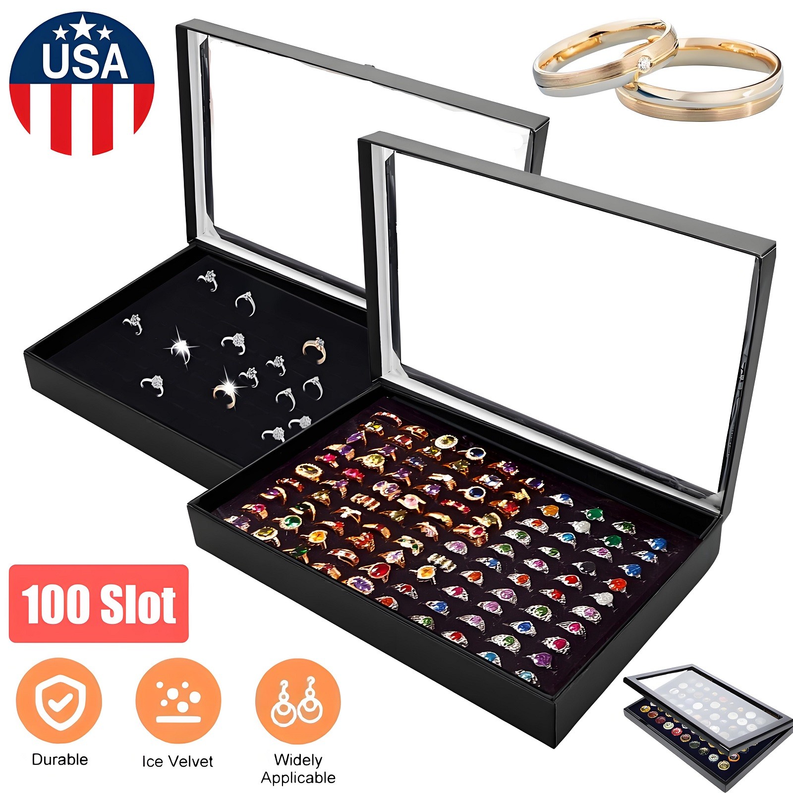 2× Jewelry Ring Display Organizer Tray Holder Earrings Storage Case 100 Slots US
