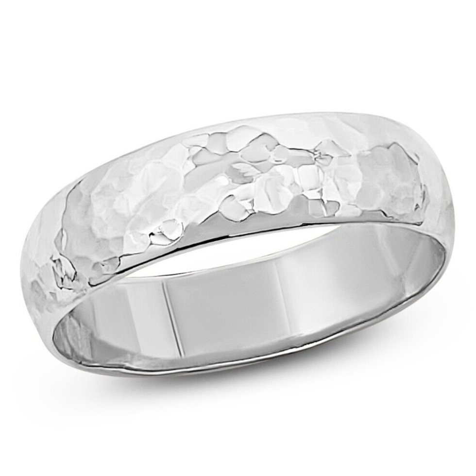 Solid 18K White Gold Hammered Ring, Handmade 5mm Hammer Texture Wedding Band