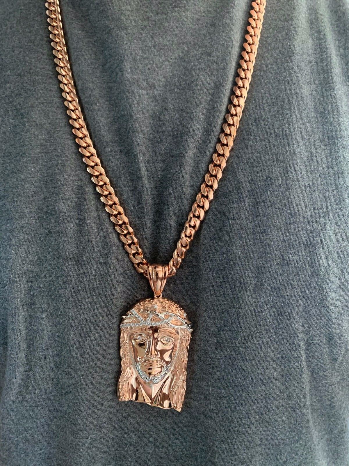 Solid 925 Silver 14k Rose Gold Plated Jesus Piece ITALY Necklace Real CZ Hip Hop