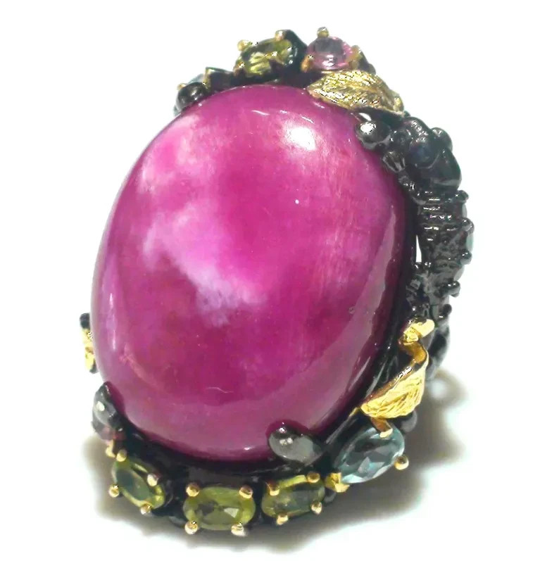 Cherry Ruby 86.30 carat Lizard Ring, Sterling Silver, Black & Yellow Gold Plated
