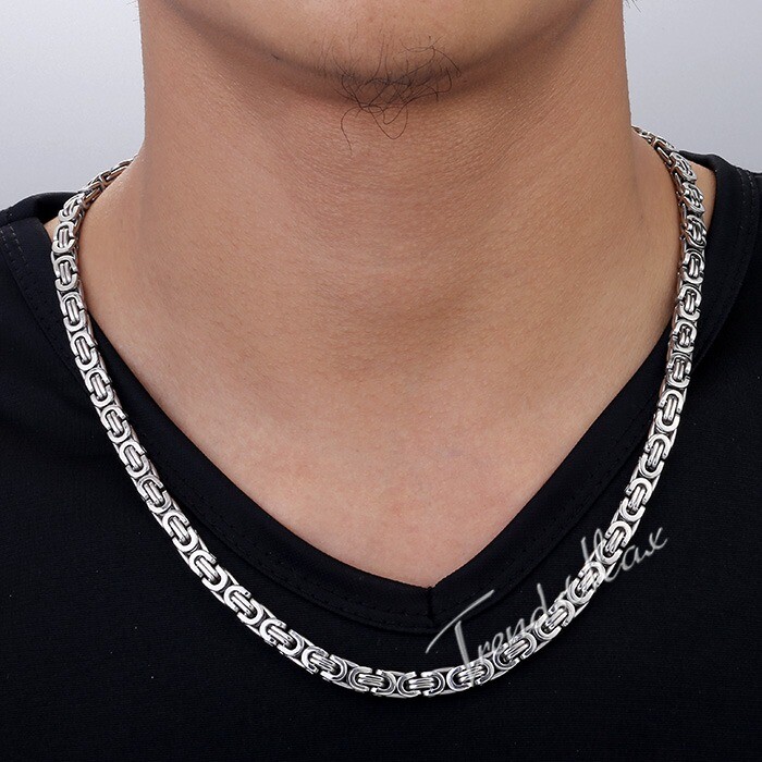6mm Stainless Steel Flat Byzantine Link Necklace Mens Punk Chain Jewelry 18-24″