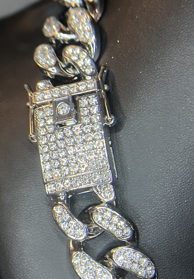 Iced Out Cuban Chain, 20MM, 20” Long, Simulated Stones, White Gold Filled