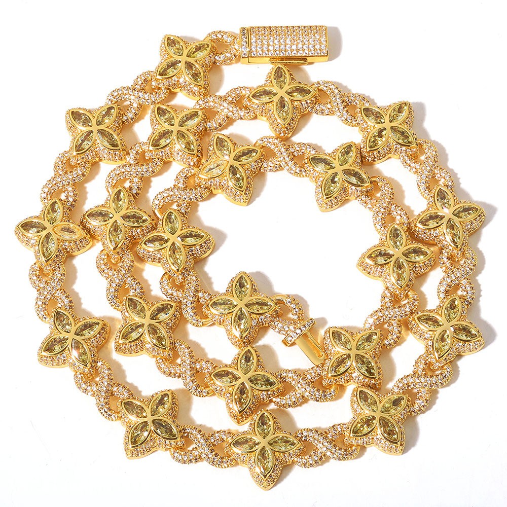 18K Gold Plated Four Leaf Clover Chain 5A Iced CZ Out Hip Hop Jewelry for Men