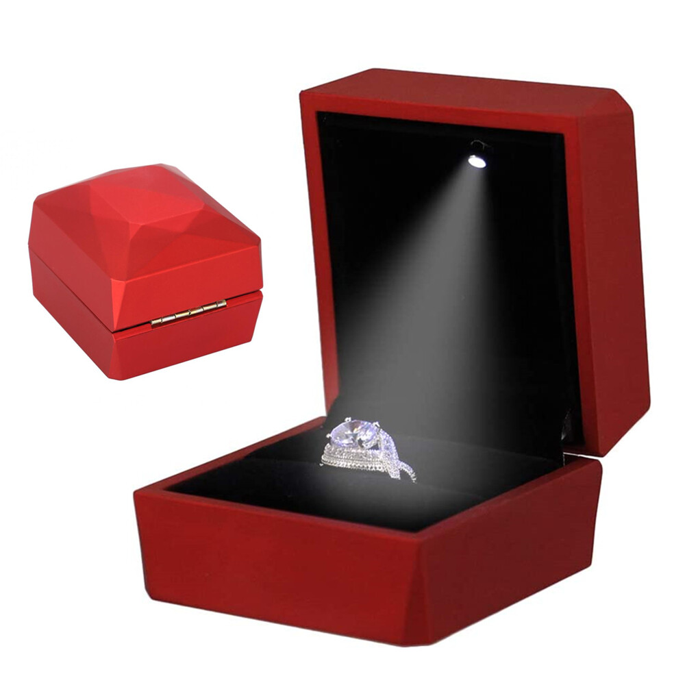 Deluxe Glossy LED Lighted Engagement Ring Box Velvet Jewelry Gift Case Proposal