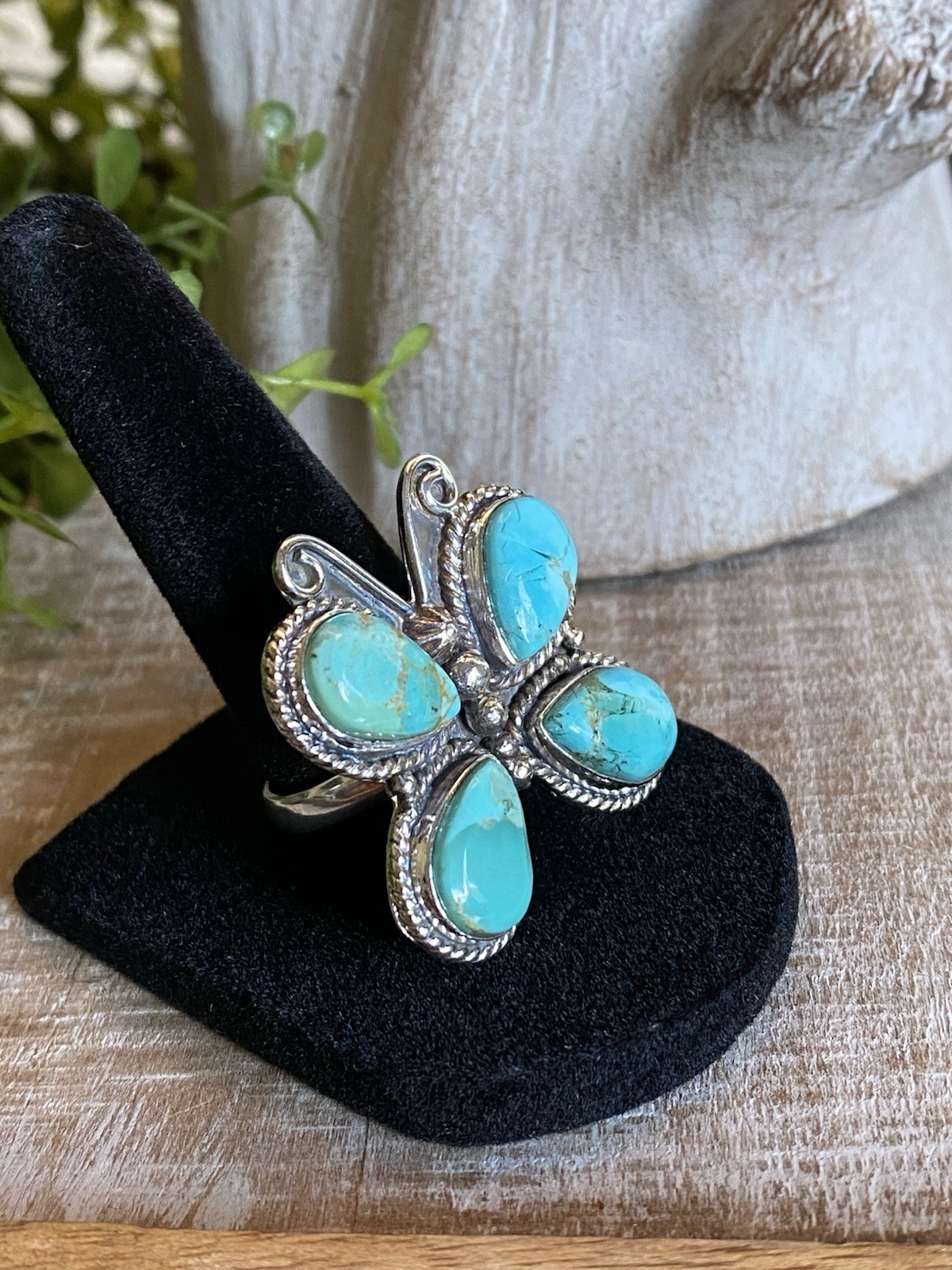 Kingman Turquoise Butterfly Statement Ring Sterling Southwestern Boho 8.25