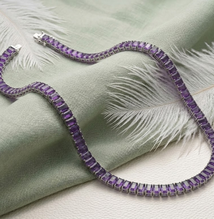 Purple Emerald Cut Tennis Necklace, Amethyst Choker, In 925 Sterling Silver