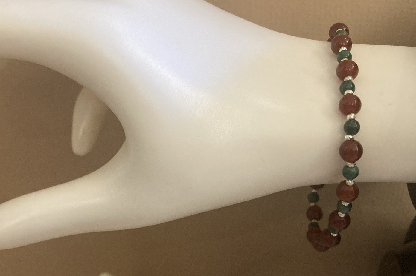 Vintage Carnelian & Jade Beaded Bracelet Sterling Silver 925 Clasp 7.5” BOHO NEW