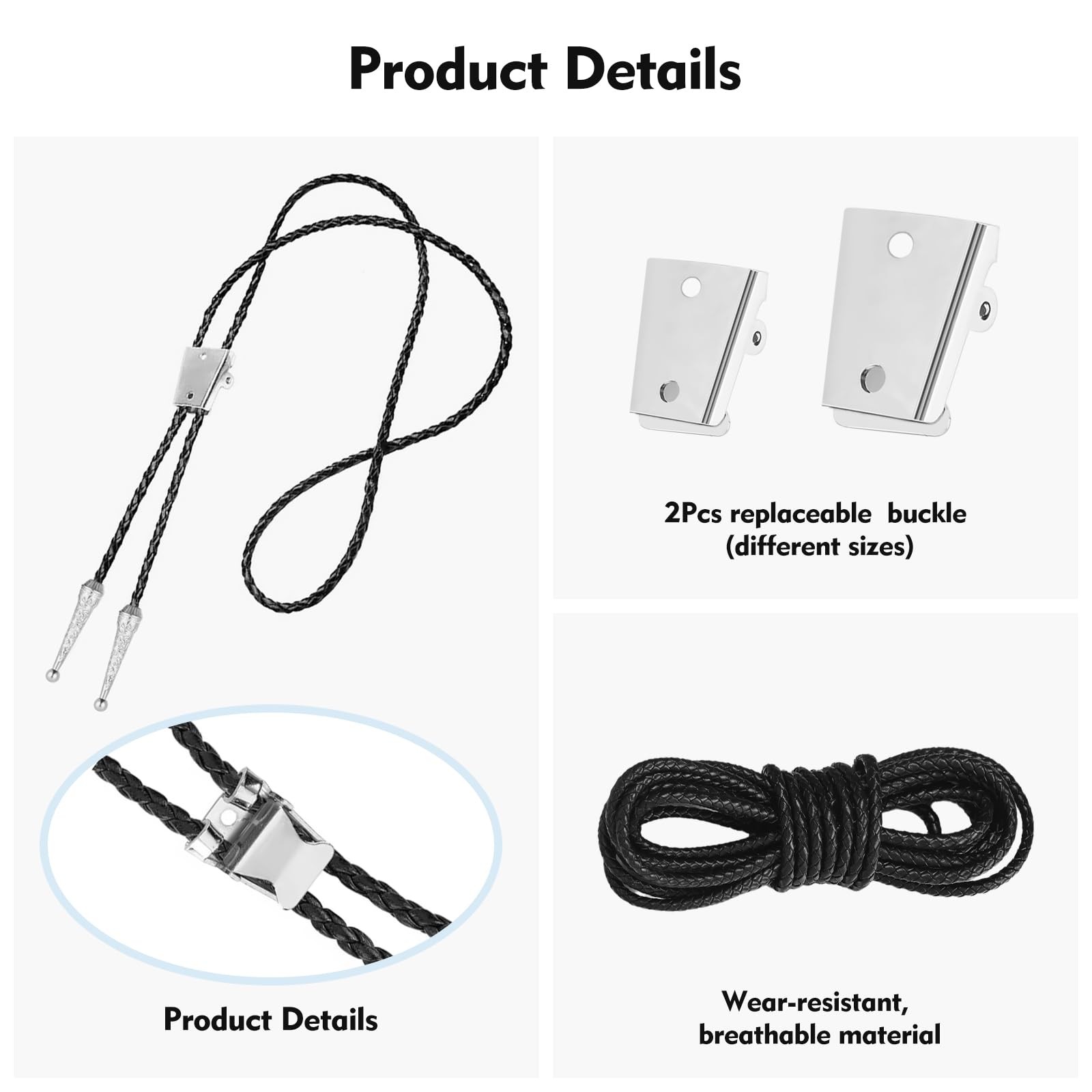 CNDNO 5PCS Bolo Tie Kit with Two Pendants, Durable 37.4 inches, Black, Silver