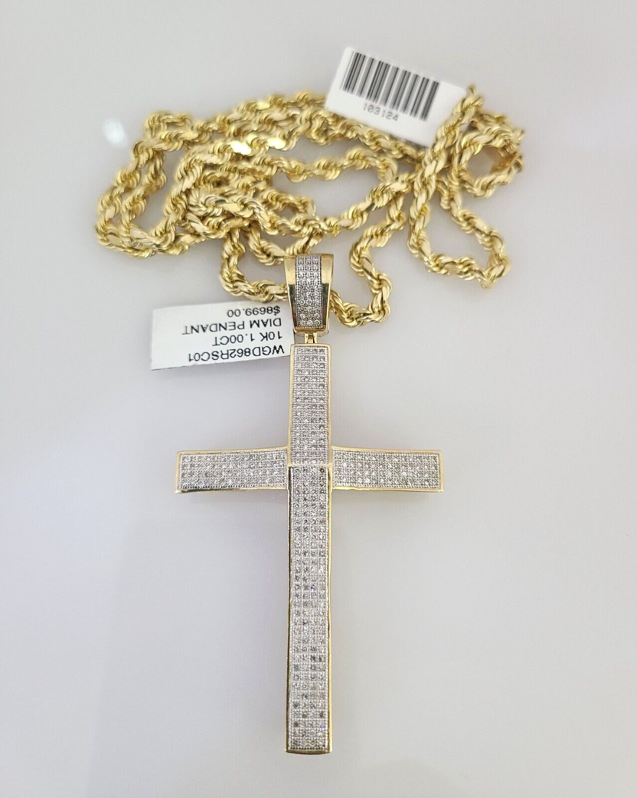 10k Solid Rope Chain Jesus Cross Charm Diamond Set 4mm 20″-28″ Necklace Gold