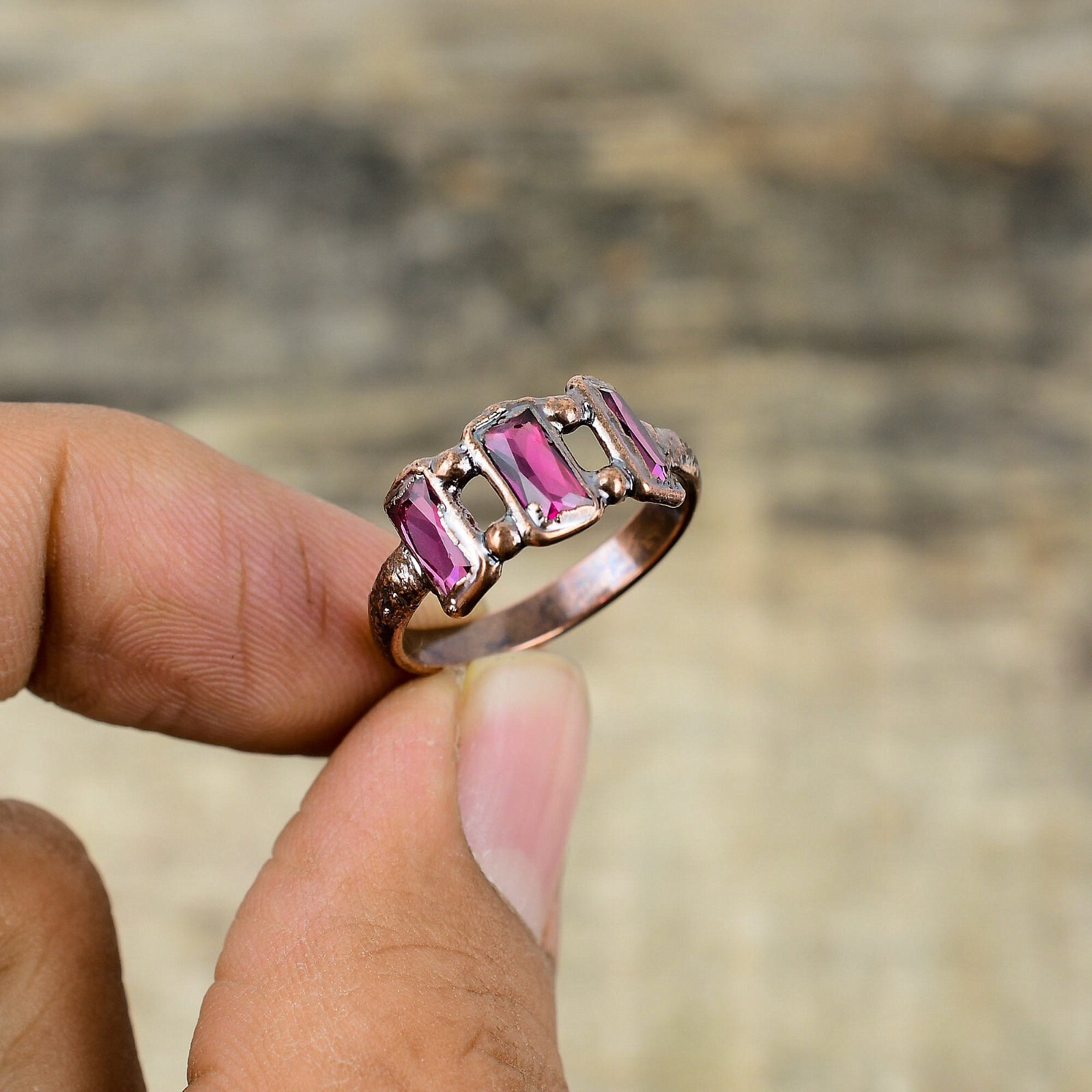 Pink Tourmaline Copper Electroformed Stackable Adjustable Ring Size Adjustable
