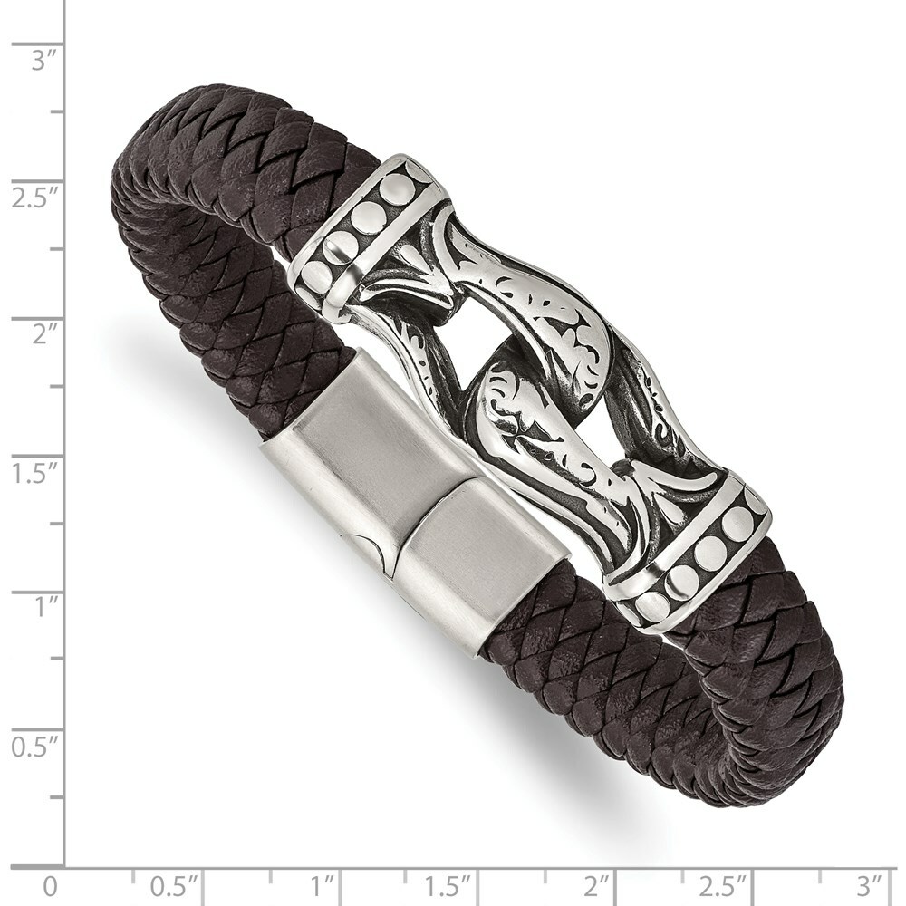Stainless Steel Antiqued & Polished Dark Brown Faux Leather 8.5in Bracelet