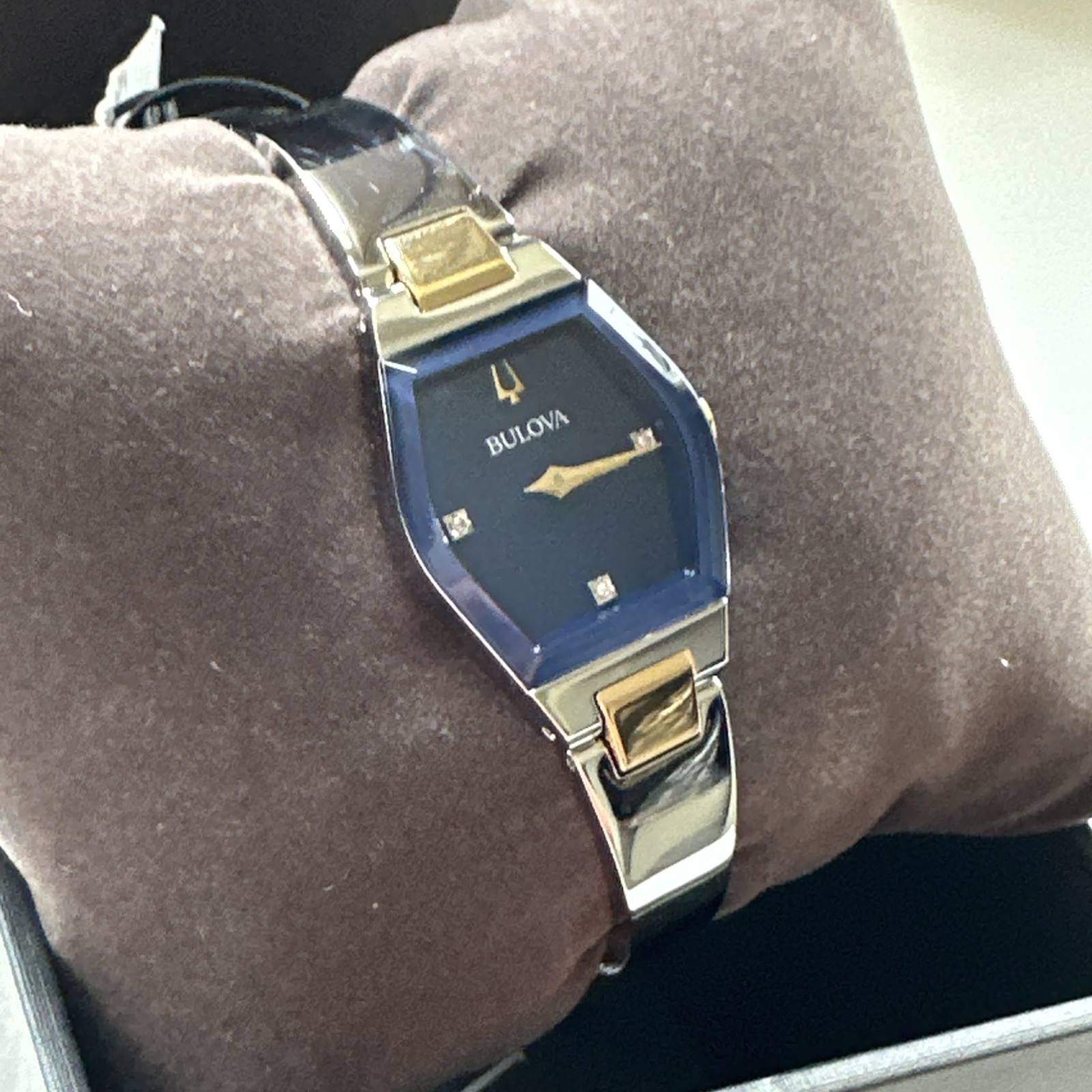 Bulova Gemini Diamonds Quartz Blue Dial Steel Ladies Bangle Watch 98P218