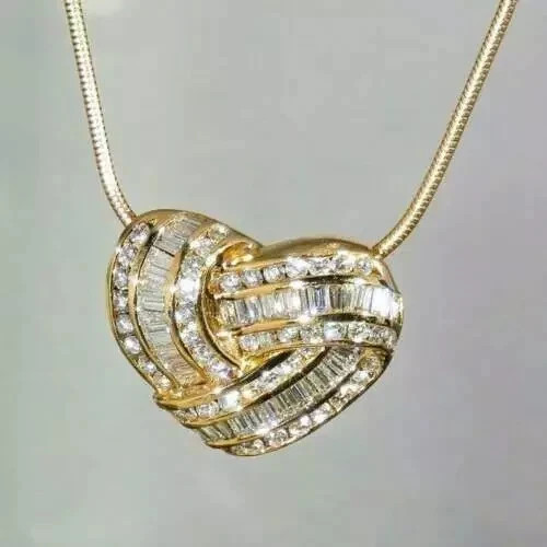 3Ct Round & Baguette VVS1 Diamond Heart Pendant 14K Yellow Gold Over Free Chain