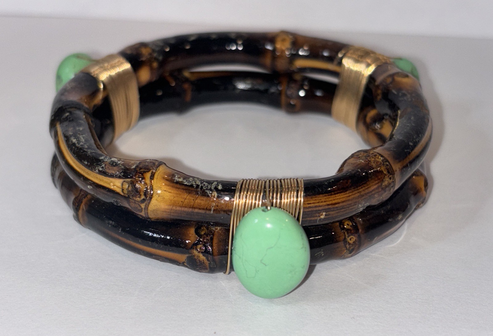 Tortoiseshell Look Bamboo Wrap Bracelet Green Cabochon Boho Statement Cuff