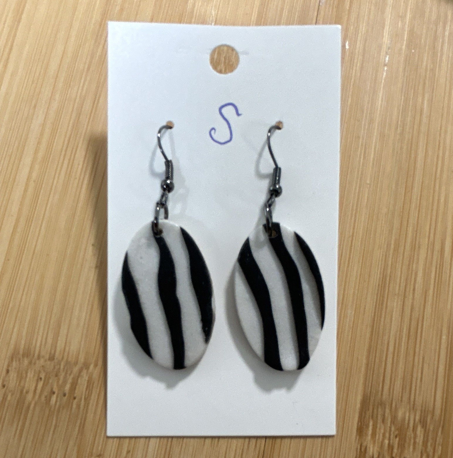 Black White Zebra Stripe Oval Dangle/Drop Hook Earrings, Polymer Clay