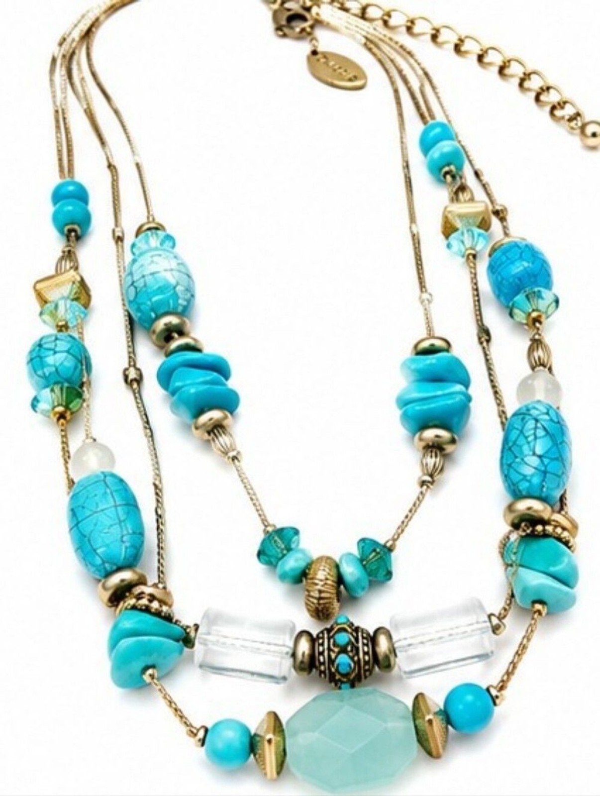 Chico’s Turquoise Layered Statement Necklace Boho Southwestern Gold Tone