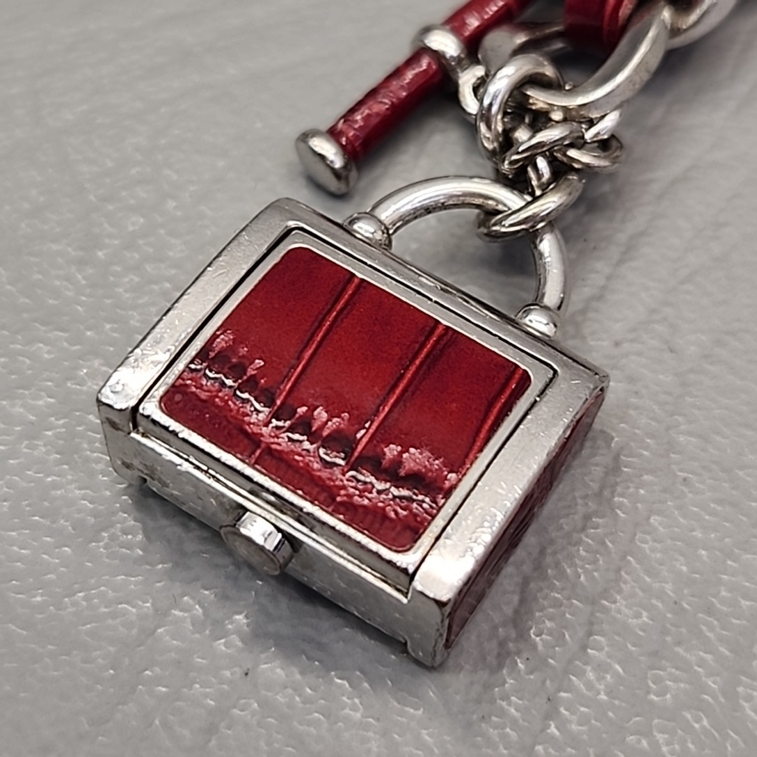 Ecclissi Bracelet Purse Charm Watch Red Faux Leather Silver Tone Chain 7″