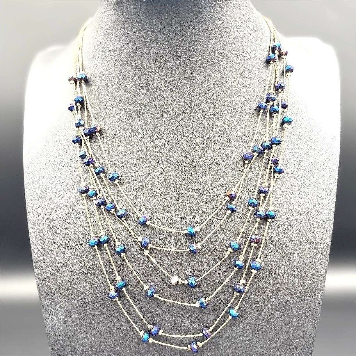 Vintage Multi-Strand Gold Silk Thread Iridescent Blue Glass Beads Several Layer