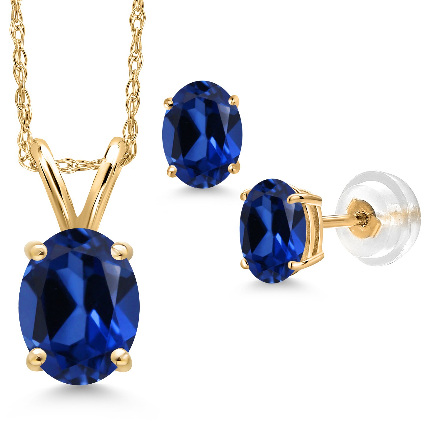 14K Yellow Gold Created Sapphire Pendant Earrings Jewelry Set For Women | 3.50