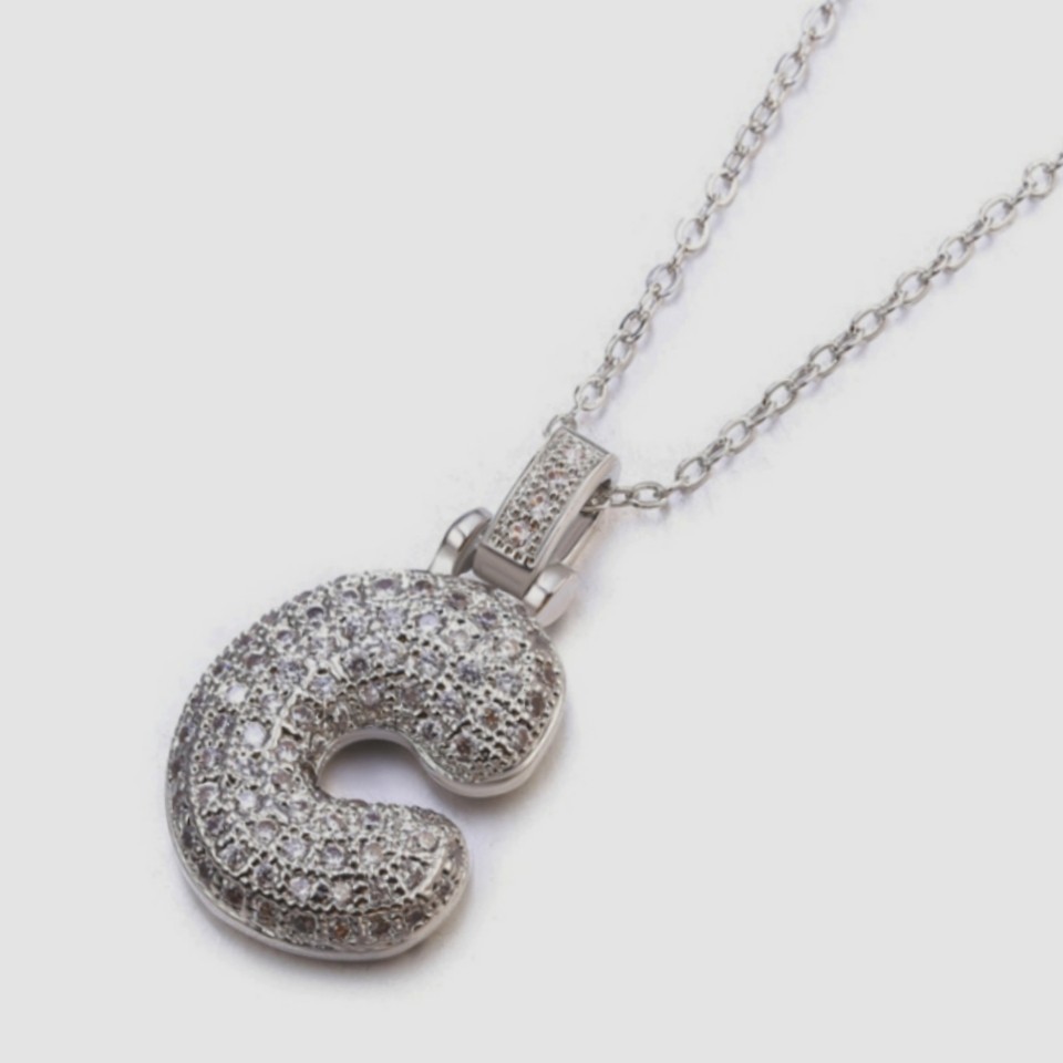 Silver Tone Full CZ Paved 3D Bubble Initial C Pendant Collarbone Necklace