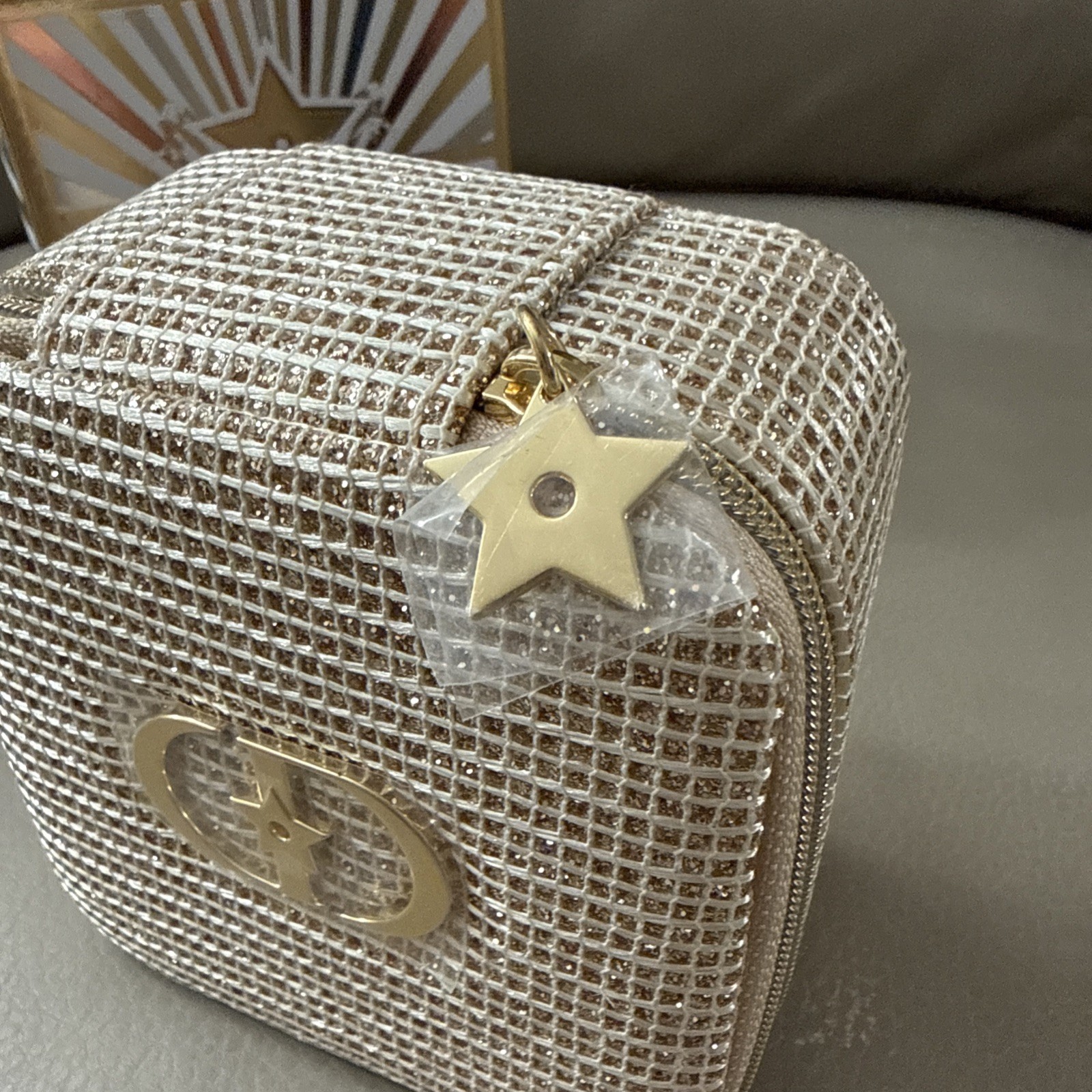 DIOR BEAUTY Gold Jewelry Case w Mirror Square Holiday Star Travel GWP NIB 4 X 4”