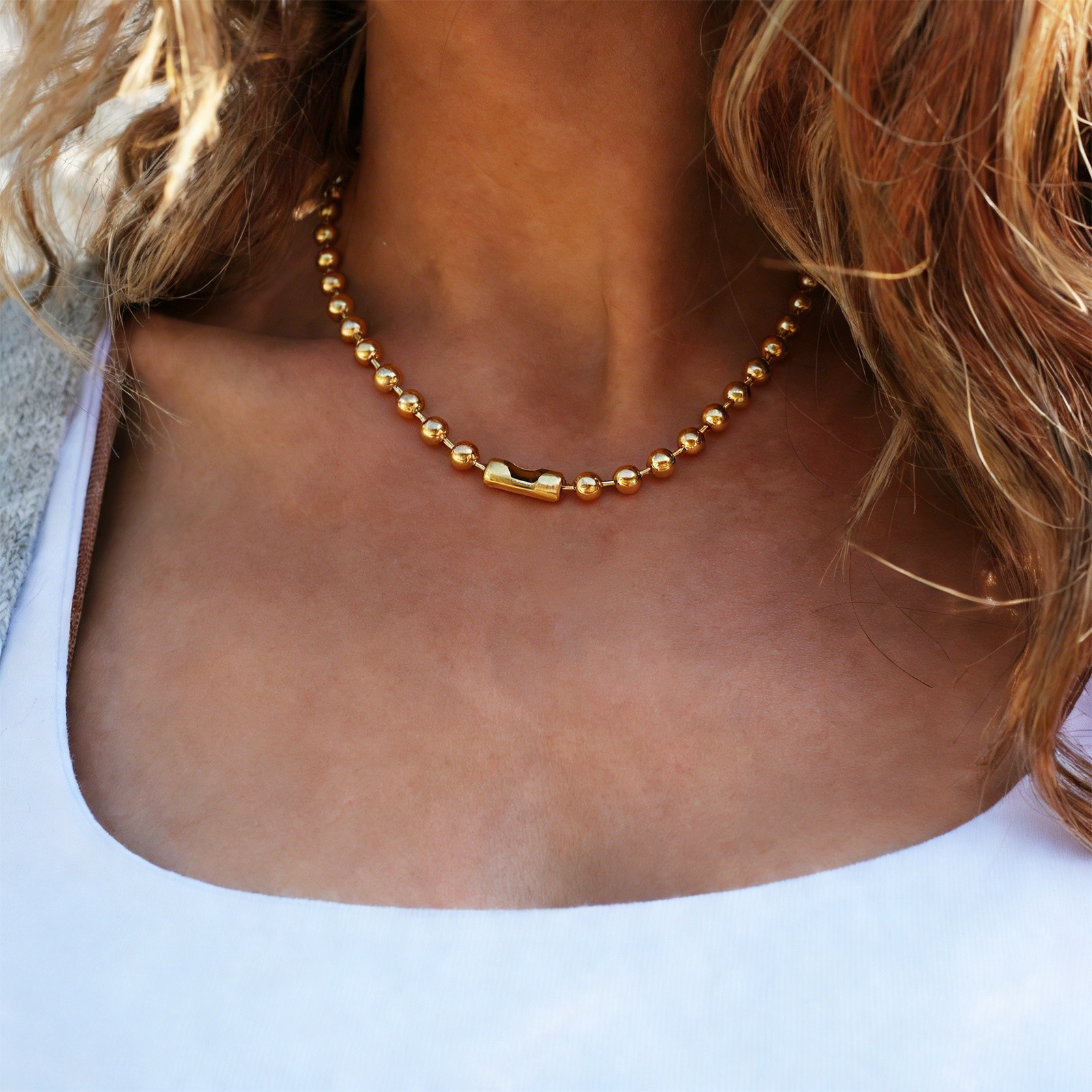 Beaded Chain Necklace, 5 mm Bead Ball, 24 Inch , Gold